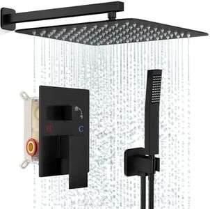 FPXRNG Shower Faucet Set Rainfall Shower System with Square Shower Head and Handle Set Rough-in Valve and Metal Trim Kit Included Matte Black 16 Inch Wall Mounted Shower Fixtures
