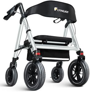 FlyingJoy Rollator Walker with Seat,12" Front Wheels 10" Rear Rolling Walker, Extra-Wide Heavy-Duty Rollator Walker with Seat and Brakes for Seniors and Adults Bariatric with Large Aluminum (Blue)