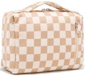 Bluboon Makeup Bag Zipper Pouch Travel Portable Cosmetic Bag Organizer for Women and Girls, Corduroy Checkered Brown