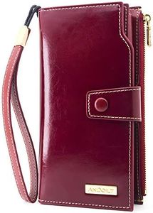 ANDOILT Women's RFID Blocking Large Capacity Luxury Wax Genuine Leather Clutch Wallet Card Holder Organizer Ladies Purse Cell Phone Handbag Red
