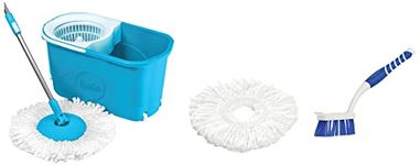 Gala e-Quick Spin Mop, Easy Wheels & Big Bucket with 2 Microfiber Refills (White and Blue)&Gala Spin Mop Microfiber Refill (White)&Gala Stylo Dish and Kitchen Sink Brush White, Blue,Pack of 1 Pieces