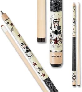 Action Billiards Pool Cue Stick, Lady Luck Design, Adventure Pool Cues, White Stained Hardrock Maple with Pin-up Girl Overlays, 29-inch Shaft, 21oz