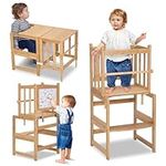 COSYLAND 3-in-1 Multifunctional Toddler Standing Tower, Kids Kitchen Step Stool with Whiteboard, Desk Table and Chair, Enjoys Unique Patented Design,FSC,CPC,SOR,CE Natural