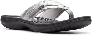 Clarks Womens Breeze Sea Flip-Flop Sandals - Comfortable Flip Flop with Adjustable Hook and Arch Support - Casual Summer Wearing Cloudsteppers for Everyday, Silver, 11