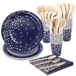 168Pcs Navy blue Party tableware Supplies Navy Blue Paper Plate with Silver Dot Serve 24 Guests Blue Party Plates Cups and Napkins Sets for Birthday Wedding Baby Shower Party Graduation Decorations