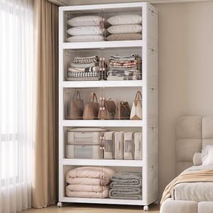 VNVTO 1382QT Stackable Storage Bins with Lids, Collapsible Storage Cabinet | Extra Large Storage Organizers with Wheels, Heavy Duty Foldable Plastic Storage Drawers for Bedroom,Dorm (5, White, XL-Plus)