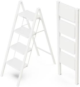 WOA WOA 4 Step Ladder, Folding Step Stool with Wide Pedals, Sturdy Steel Ladders with Anti-Slip Feet, Compact Kitchen Stepping Stool, Supports up to 330 lbs - White