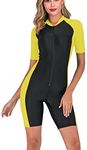 YEESAM One Piece Swimsuit for Women Girls Short Sleeved Zip Front Rash Guard Surfing Swimsuits Beachwear Modest Swimming Costumes Legsuit Swimwear Yellow