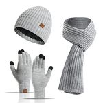3Pcs Winter Beanie Hat Scarf Gloves Set, KASTWAVE Set for Men Womens Ski Cap Touch Screen Mittens Suit Couples Matching Hats for Men Women, Light Grey, 1