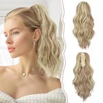 Sofeiyan 14" Ponytail Extension, Short Wavy Claw Clip in Ponytail Hair Extension Synthetic Hairpieces Ash Brown & Bleach Blonde Layered Natural Fluffy Curly Drawstring Ponytail Hair Piece for Women