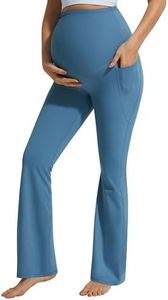 JOYSPELS Maternity Flare Leggings Over The Belly with Pockets – Soft, Comfortable Pregnancy Yoga & Daily & Work Pants Blue Steel