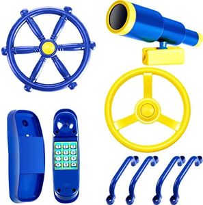 Playground Accessories Backyard Pirate Plastic Ship Playset Plastic Playground Equipment Set with Ship Wheel, Telescope, Safety Handlestoy Phone for Outdoor Playhouse Treehouse Playset(Blue, Yellow)