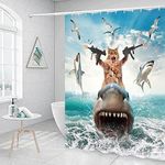 Funny Cat Shower Curtain for Bathroom, Cat Shower Curtains for Boys, Funky Cat Riding Shark Fighting on Blue Ocean Fabric Waterproof Shower Curtain Sets with Hooks,Navy Blue Beach Theme Curtains