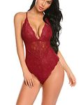 Avidlove Women Lingerie Button Crotch Teddy Deep V Plunging Babydoll Sexy Lace Bodysuit(Ponceau,S)