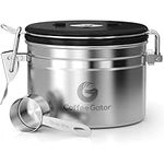 Coffee Gator Coffee Canister-Stainless Steel, Airtight Coffee Storage Container for Grounds and Beans w/Date Tracker, CO2-Release Valve & Measuring Scoop-Kitchen Organization-Small, Silver, 11oz