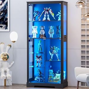 Display Cabinet with Glass Doors,71'' Bookcases with Adjustable Glass Shelf, 4-Tier Curio Cabinet with 3 Color Lights for Collectibles, Bookshelf with Human Body for Books,Toys,Liquor,Black