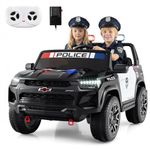 Costzon 2-Seater Ride on Police Car, 24V 4WD Licensed Chevrolet Kids Electric Vehicle with Megaphone, Siren, LED Flashing Lights, Storage Trunk, Toddler Remote Control Toy Car, Gift for Boys Girls