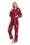 GLOBAL Pyjamas for Women Flannel Cotton Sleepwear long Ladies Pyjamas Sets Button Down LoungewearRed Checks Reindeer,M