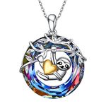 Rousa Silver Life Tree Necklace with Mini Sloth, Colorful Crystal Pendant with Star, Jewelry Gifts for Women Her Wife Girl(Alloy)