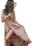 YMING Women's Off Shoulder Keid Summer Dress Muti-Color Vacation Beach Dress Flowers Print Dress Khaki S