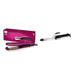 PHILIPS BHS738/00 Kerashine Titanium Wide Plate Straightener With SilkProtect Technology, Teal & BHB862/00 Hair Curler (Black)