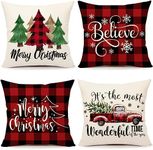 ALINK Christmas Pillow Covers 18x18 Set of 4 Red Black Farmhouse Christmas Decorations Believe Merry Christmas Wonderful Winter Holiday Decor Throw Cushion Case for Home Couch