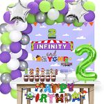 Crenics Two Infinity and Beyond Birthday Decorations - Two Infinity and Beyond Backdrop, Banner, Balloon Arch Kit, 2 Number Balloon with Cake Toppers for 2nd Birthday Party Supplies