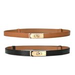 FYHSM 2 Pack Women Skinny Leather Belt Alloy Turn Lock Adjustable Fashion Belts Thin Waist Belt For Dress Jeans Coat (Black+Caramel)