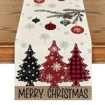 Artoid Mode Red Pine Trees Merry Christmas Table Runner, Winter Xmas Holiday Kitchen Dining Table Decoration for Home Party Decor 13x72 Inch