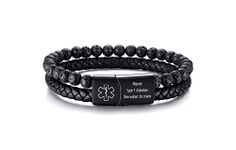 VNOX Custom Engraving Medical Alert ID Two-Strand Braided Leather Cuff Wristband Rope Bracelet with Magnetic Clasp for Men Boys