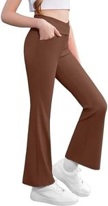 Zaclotre Girls Flare Leggings High Waisted V Crossover Casual Yoga Bell Bottoms with Pockets Pants for Kid Brown