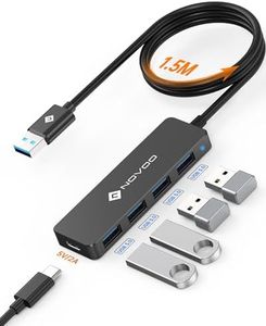 NOVOO 4-Port USB 3.0 Hub with 1.5m Extended Cable, Ultra-Slim USB A Hub with 4 High-Speed USB Port [Charging Not Supported], for MacBook Air Pro iPad Pro, Surface Pro, XPS, PC, Flash Drive, Mobile HDD