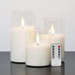 Eywamage Clear Glass Flameless LED Candles with Remote, White Battery Pillar Candles Home Decor Set of 3