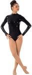 Women Metalic Long Sleeve Bodysuit Turtleneck Shiny Dance Leotard One Piece Gymnastics Unitard (Black, L)