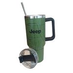 Jeep Topography Text and Grille Logos 40 oz Insulated Travel Mug Tumbler with Handle | Double Wall Vacuum Sealed Stainless Steel Cup w/Straw and Lid - Military Green