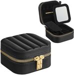 SONGMICS HOME ANAH Collection - Travel Jewelry Case, Small Jewelry Box Organizer with Mirror, 4.1 x 4.1 x 2.4 Inches, PU Surface with Stitching, Portable, Christmas Gift, Ink Black UJBC179B01