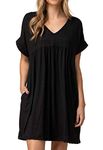 Jayscreate Women's Summer Babydoll Dress Black Tshirt Casual Flowy Tunic Pleated Aline Ruched Mini Dress for Women