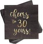 BLUE PANDA 50 Pack Cheers to 30 Years Cocktail Napkins for 30th Birthday, Anniversary Party Supplies, 3-Ply, Black and Gold Foil (5 x 5 Inches)