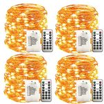 WSgift 4 Pack 33 Ft 100 Warm White Led Fairy Lights Battery Operated with Remote Control Timer Waterproof Silver Copper Wire Twinkle String Lights for Bedroom Indoor Outdoor Wedding Dorm Decorations