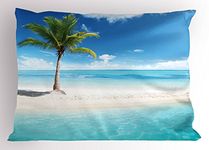 Ambesonne Ambesonne Ocean Pillow Sham, Idyllic Scenery Seashore Picture Sunlights View with Palm Tree Tropical Beach, Decorative Standard King Size Printed Pillowcase, 36 X 20 Inches, Aqua White Green