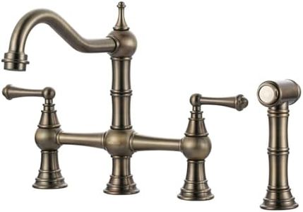 Bridge Kitchen Faucet with Side Sprayer, WOWOW Solid Brass Kitchen Faucet for Sink 4 Hole Antique Bronze Kitchen Sink Faucet, Two Handle 8 Inch Centerset Bridge Faucet Victorian Style