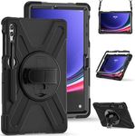 ZenRich Rugged Case for Samsung Galaxy Tab S9 FE+/S9 FE Plus 12.4 inch 2023 (SM-X610/X616), Shockproof S10+/S9+/S8+/S7 FE/S7+ Tablet Case with Stand Pen Holder Rotating Hand Strap Shoulder Belt, Black