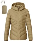 TBMPOY Women's Packable Down Jacket Lightweight Winter Puffer Jacket Hooded Warm Coat Waterproof Quilted Thermal Jackets, Khaki, Medium