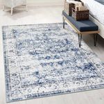 Morebes Washable 5x7 Area Rugs for Bedroom, Vintage Rug for Living Room Non-Slip, Soft Distressed Non-Shedding Retro Floral Carpet for Farmhouse Entryway Rv Foyer Playroom, Blue&Grey