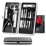 12pc Womens Manicure Kit in Deluxe Black Leather Travel Case. Steel Clippers, Trimmers, Tweezers for Beautiful Nails, Pedicure. Compact 6x3" (Black)