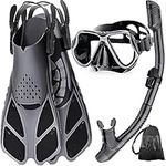 Zenoplige Snorkel Set Adults with Flippers, Snorkel Mask with Adjustable Swim Fins, Snorkelling Packages Snorkel Mask and Flippers Set with Carrying Bag for Beginners and Snorkelers