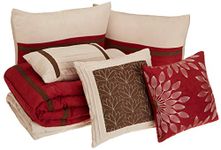 Madison Park Palmer Comforter Set-Luxury Faux Suede Design, Striped Accent, All Season Down Alternative Bedding, Matching Shams, Decorative Pillow, Bed Skirt, Queen (90 in x 90 in), Red 7 Piece