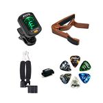 Meeland Guitar Accessories Kit, Clip On Guitar Tuner, Guitar Capo（Rosewood Colour）, Guitar String Winder Cutter Pin Puller 3 in 1 tool, Guitar Strap, 6 Guitar Picks(6 Thickness） (Brown)