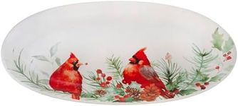 AuldHome Cardinal Ceramic Christmas Platter; Oval Holiday Serving Plate and Tray