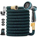 Aunfles Expandable Garden Hose 100 ft, 10 Adjustable Spray Hose Nozzle, 3/4 Solid Brass Connectors, 4 Latex Core, Heavy Duty Flexible Hose, Easy to Control and No Kink, Lightweight, Black and Blue